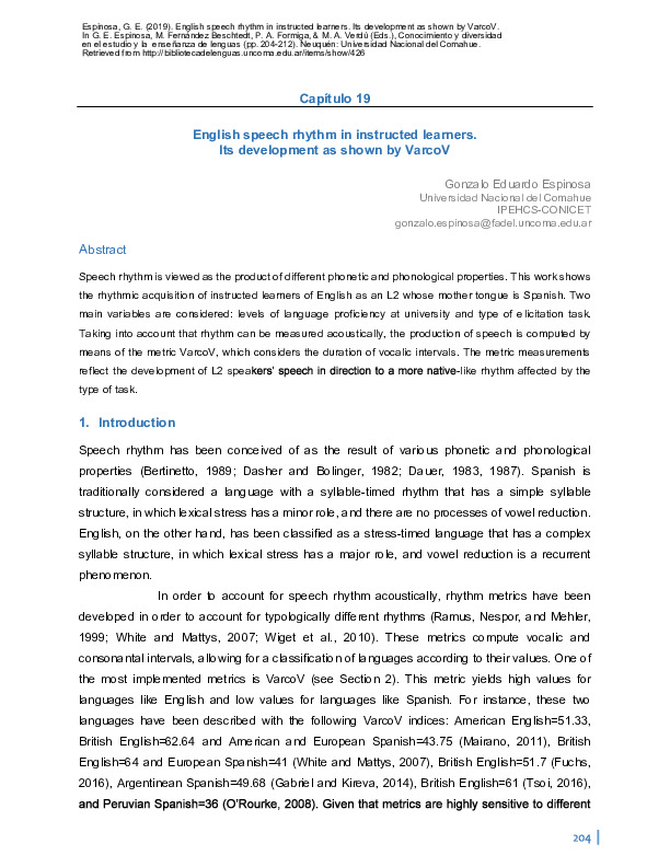 Espinosa (2019) English speech rhythm in instructed learners-its development as shown by VarcoV.pdf
