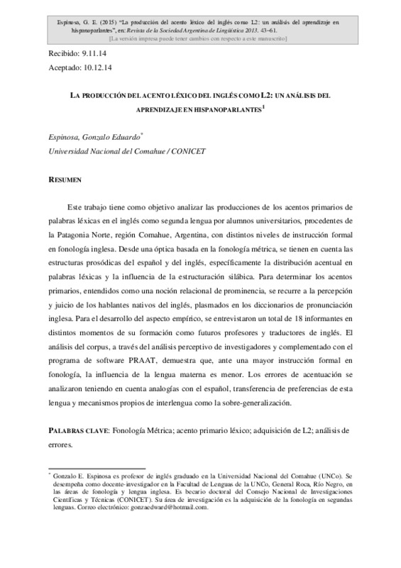 Espinosa, Gonzalo Eduardo - 2015 - La producción del acento léxico del inglés como L2.pdf
