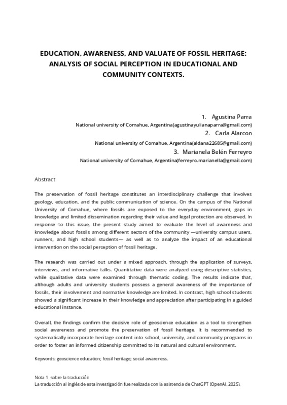 Grupo Las Trilobites. EDUCATION, AWARENESS, AND VALUATE OF FOSSIL HERITAGE_ ANALYSIS OF SOCIAL PERCEPTION IN EDUCATIONAL AND COMMUNITY CONTEXTS.pdf