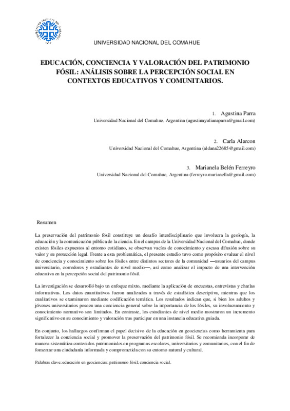 Grupo Las Trilobites. Educación, conciencia y valoración del patrimonio fósil. Analisis sobre la percepción social en contextos educativos y comunitarios.pdf